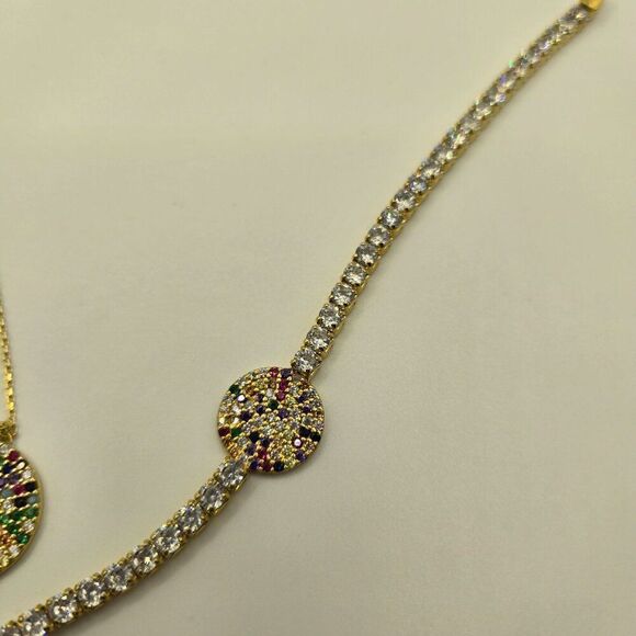 Gold Tone Necklace Bracelet Set Multi Rainbow Crystal Accents 925 Sterling Silve - Picture 2 of 7